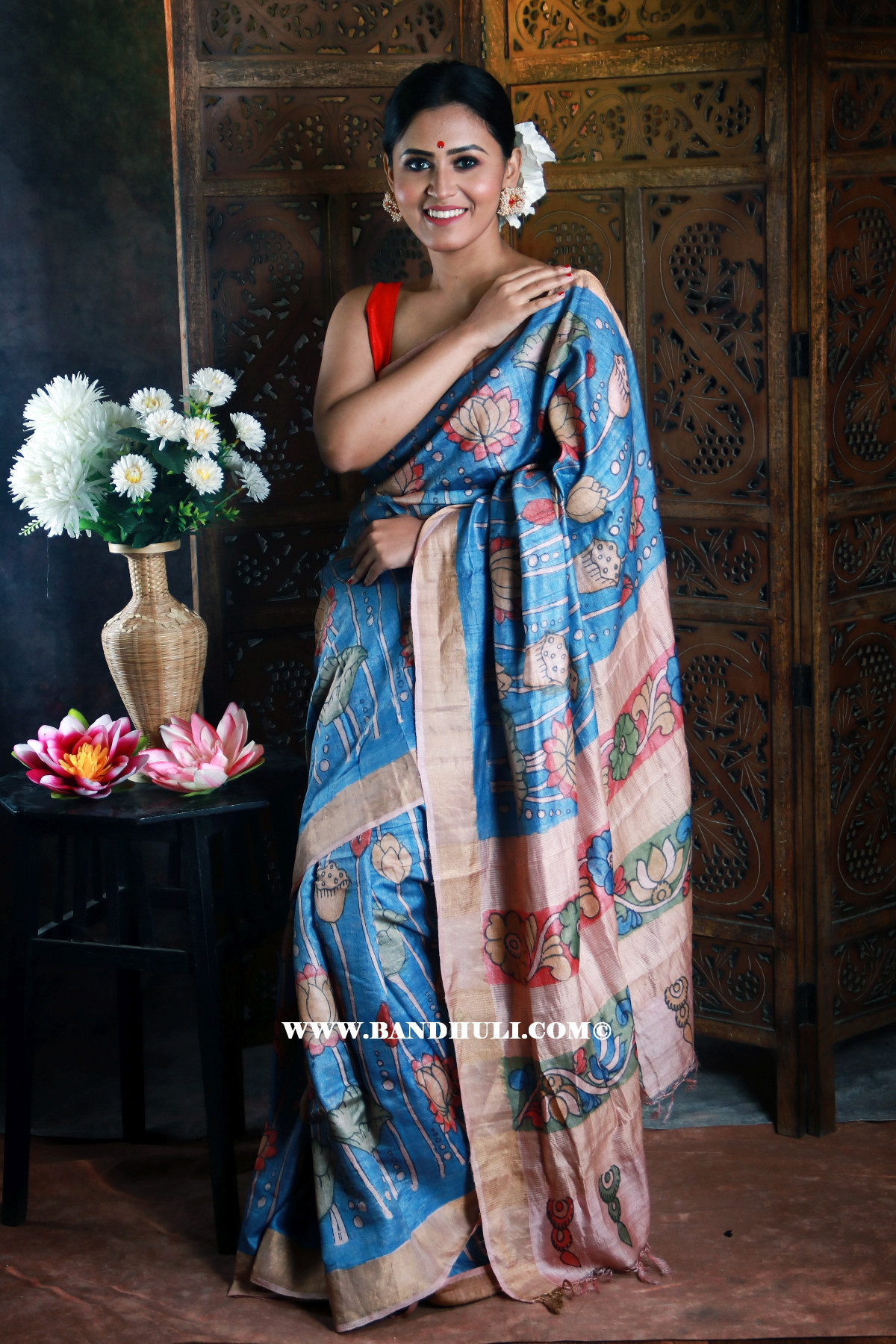 Sky Blue color Floral Motif Organic Dye Kalamkari Saree - CM13